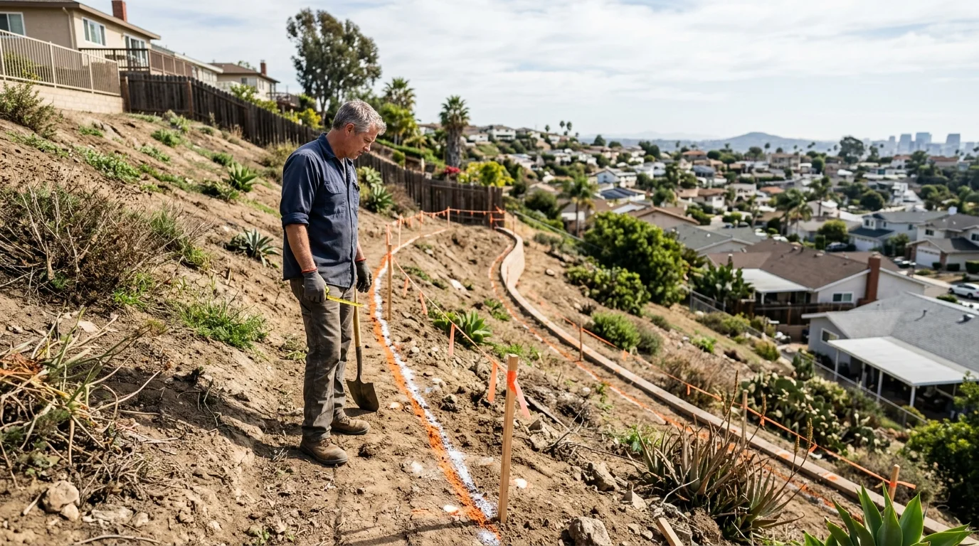 Marked layout line for a new retaining wall in a sloped backyard