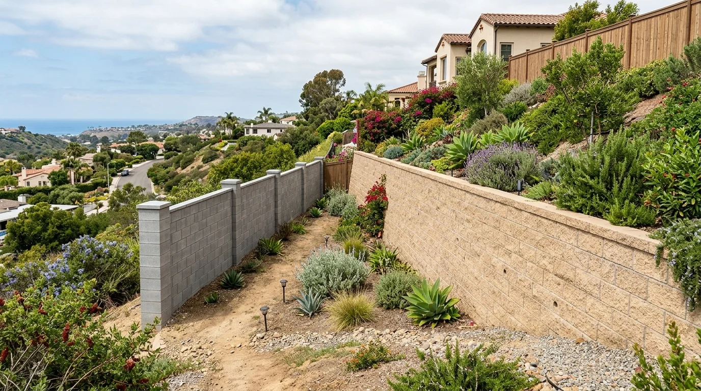 A freestanding block fence wall next to a retaining wall holding a slope