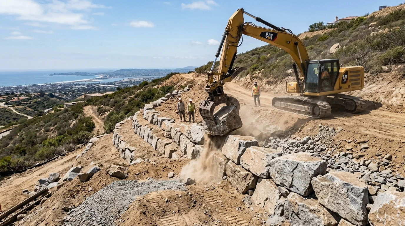 Excavator setting a granite boulder into a stepped boulder wall