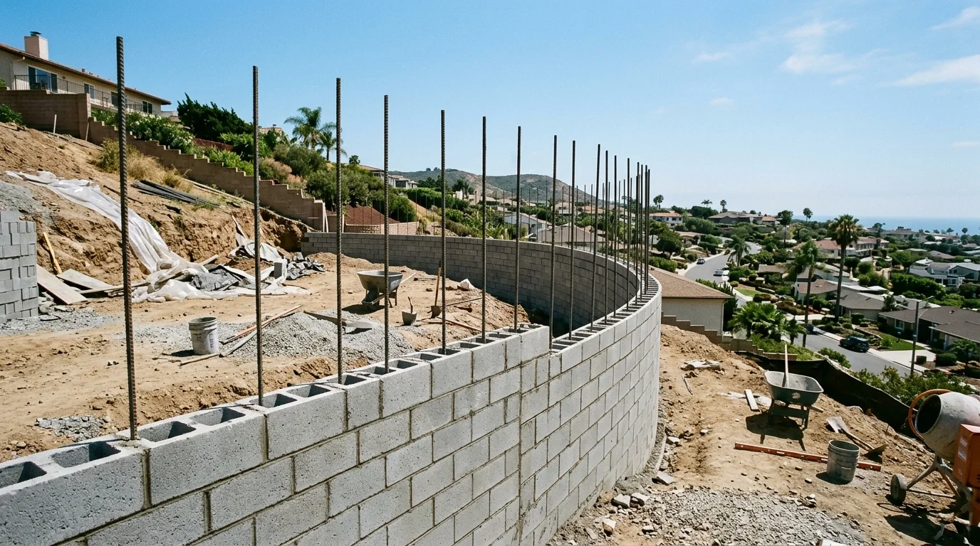 Reinforced concrete masonry retaining wall with vertical rebar in place