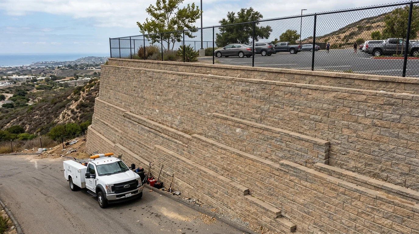 Engineered retaining wall supporting a commercial parking lot