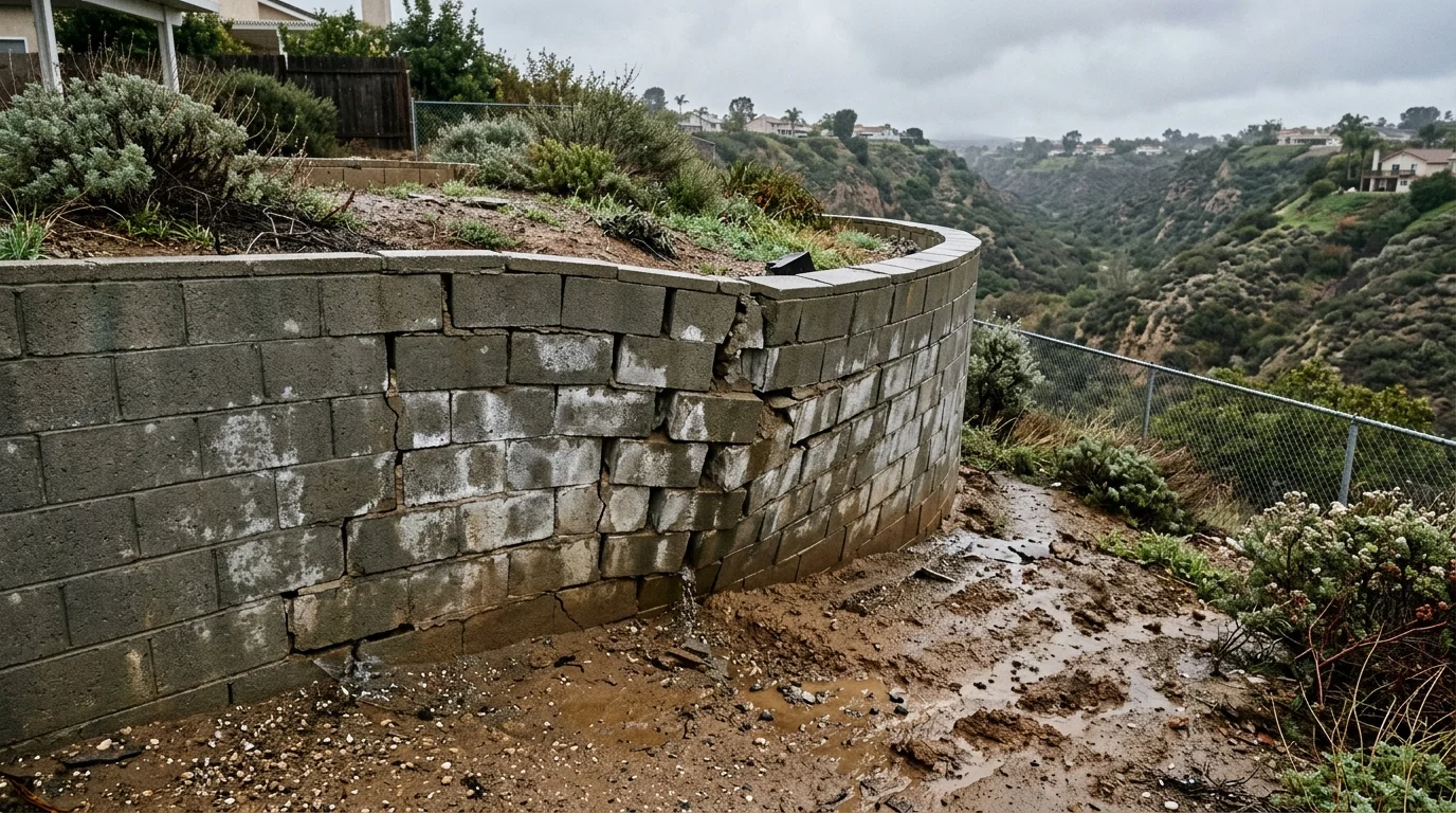 Leaning gray block retaining wall with cracked mortar and wet soil in a San Diego canyon-rim yard