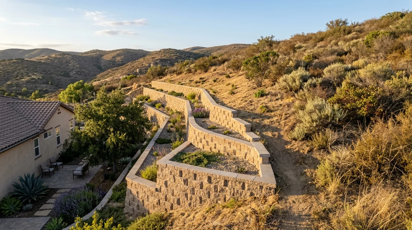 Terraced retaining walls on a cleared brush management slope