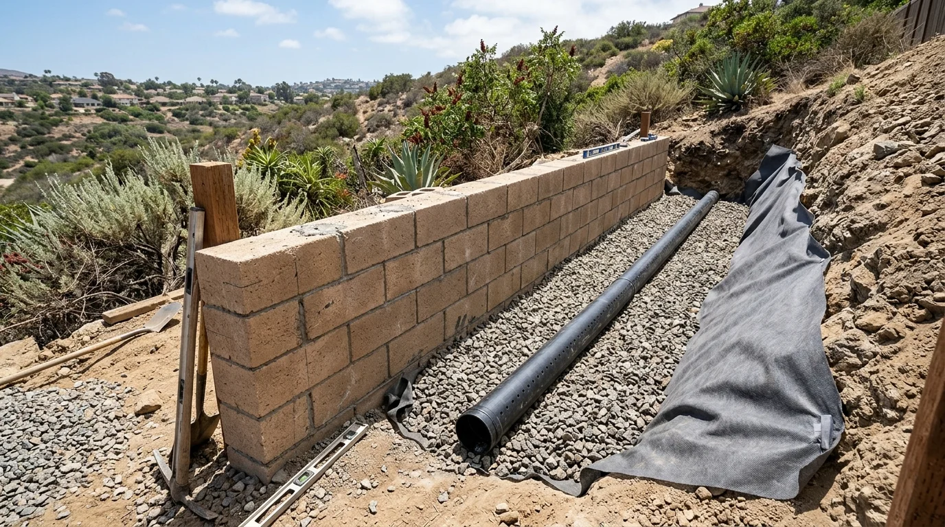 Perforated drain pipe in a gravel trench behind a tan block retaining wall in a San Diego backyard