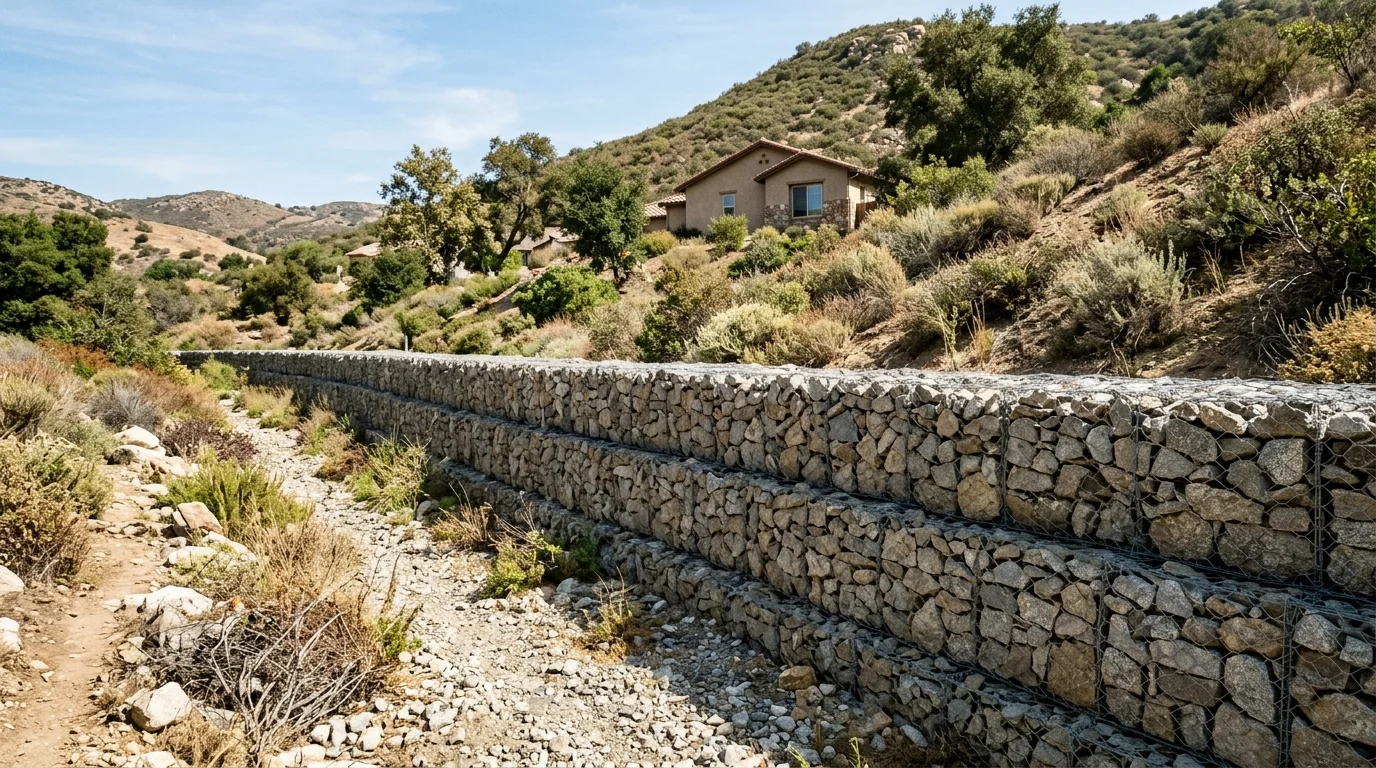 Rock-filled wire gabion baskets forming a retaining structure