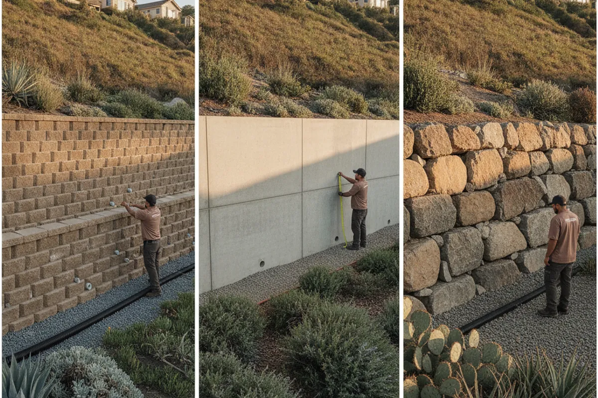 Three side-by-side retaining wall types on San Diego hillside lots showing segmental block, poured concrete, and natural boulders