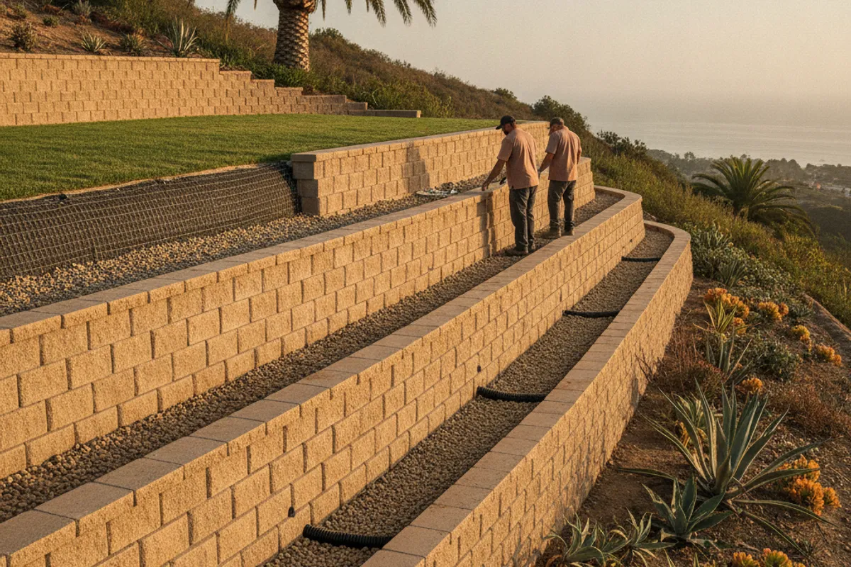 A tiered hillside lot in San Diego with segmental block retaining walls creating usable flat terraces on a steep slope