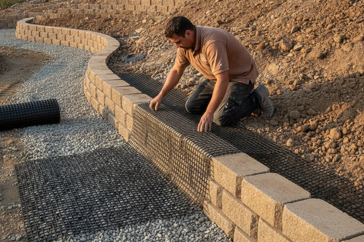 Geogrid mesh being placed horizontally between courses of segmental block during retaining wall construction
