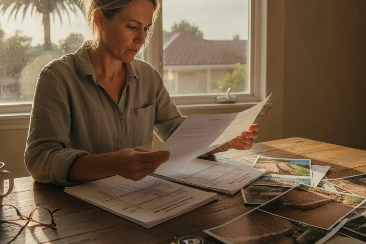 A homeowner reviewing retaining wall contractor bids at a kitchen table with site photos and a measuring tape nearby