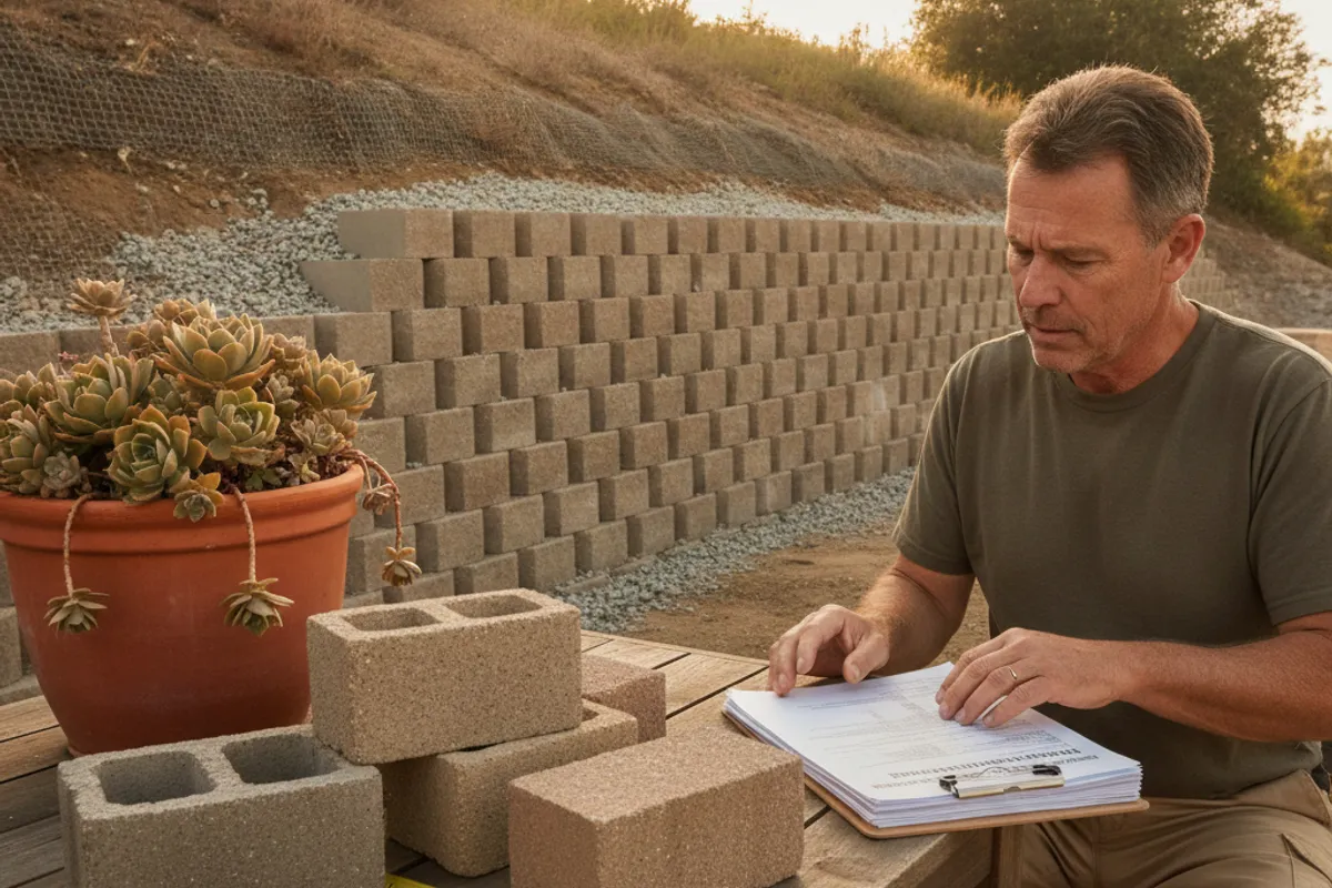 A new segmental block retaining wall on a hillside lot in San Diego with a drought-tolerant garden above