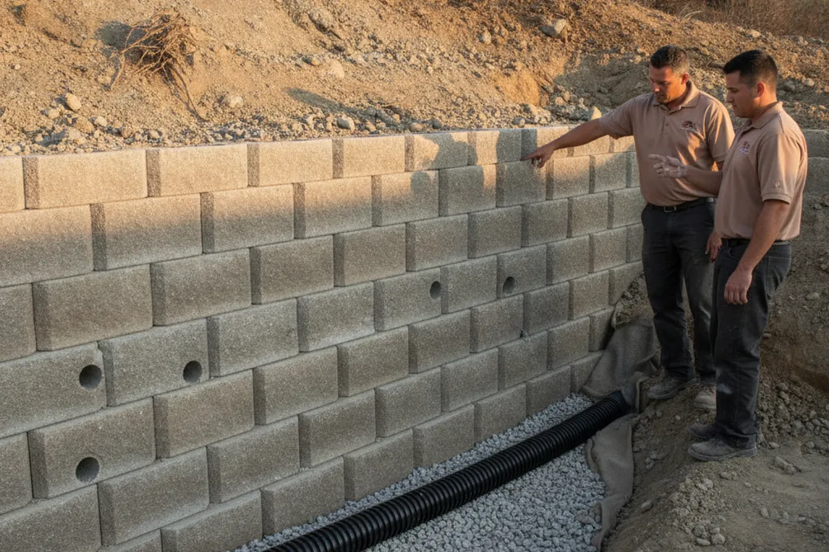 Cross-section diagram of a retaining wall showing drainage rock, perforated pipe, and weep holes behind a concrete block wall