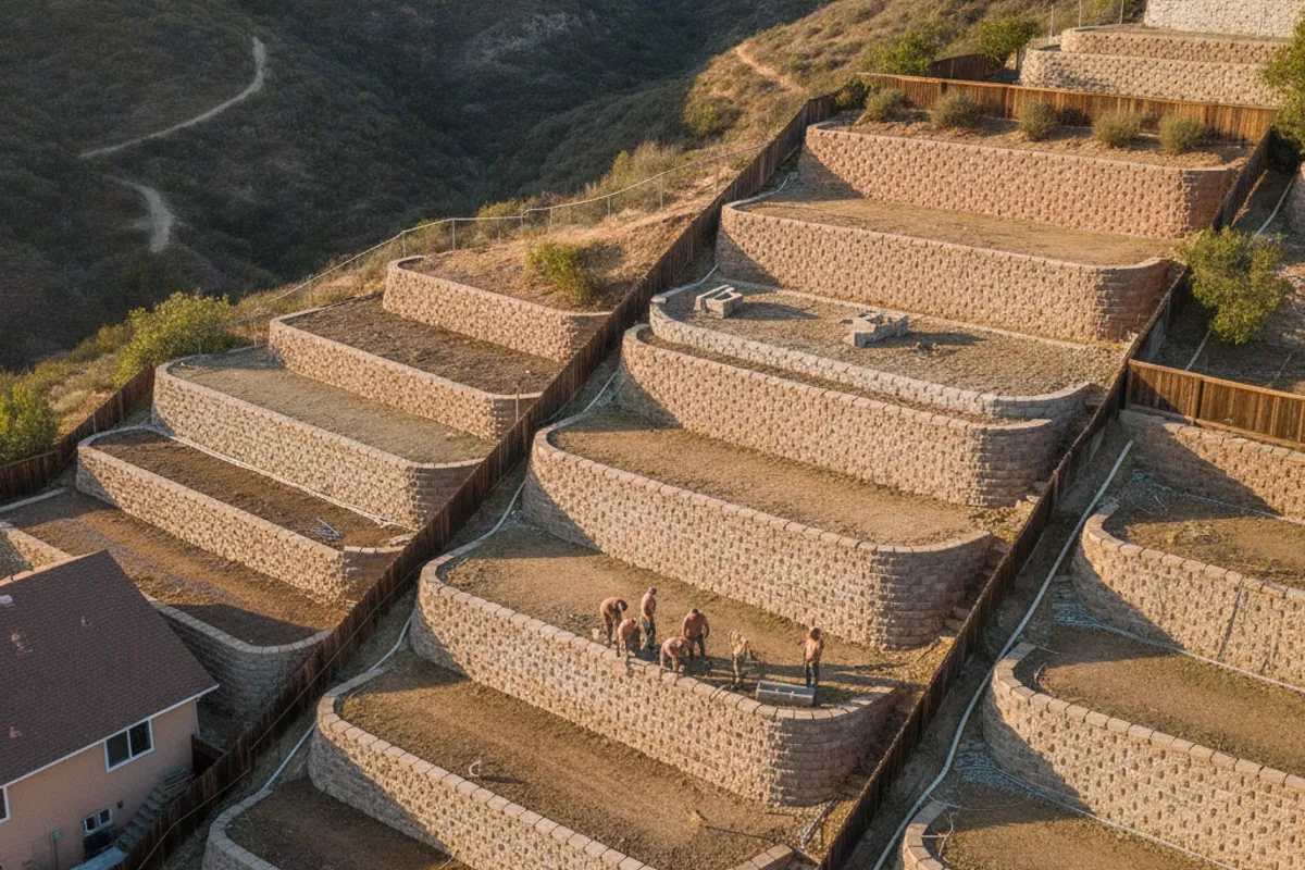 Aerial view of a San Diego hillside neighborhood showing retaining walls and property line setbacks on residential lots