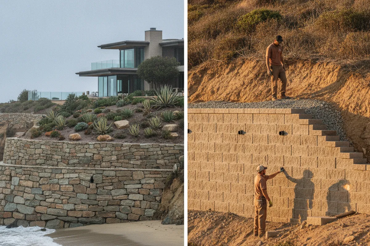 A split view showing a coastal San Diego retaining wall in salt air environment and an inland dry hillside block wall