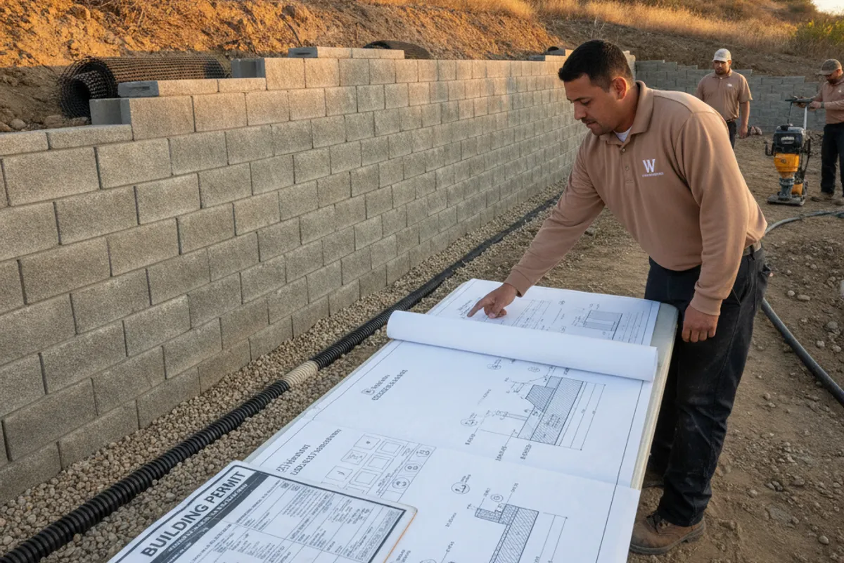 A San Diego building permit application and engineering drawings laid out on a hillside retaining wall project site
