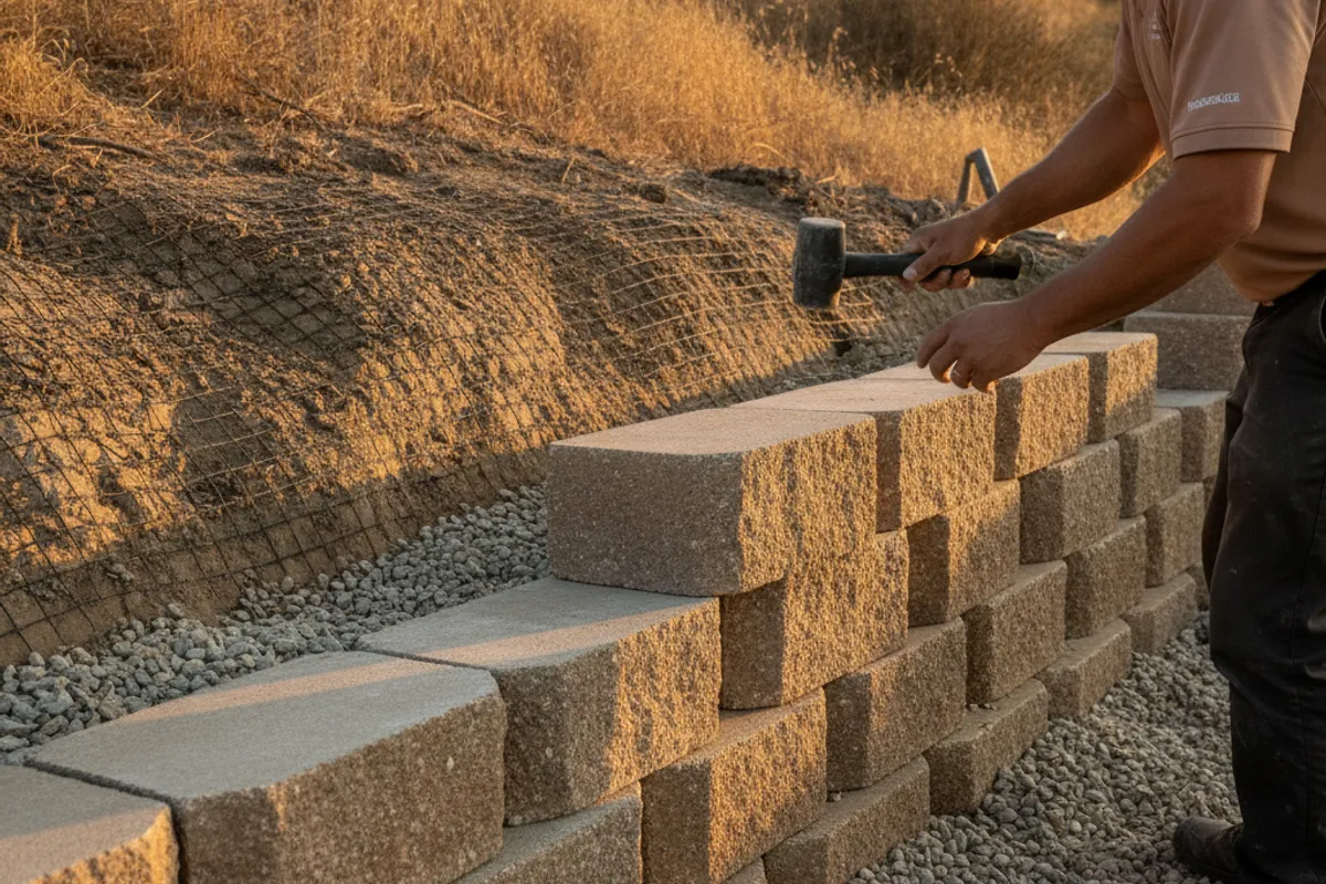Close-up of segmental concrete retaining wall blocks being stacked on a San Diego residential hillside lot