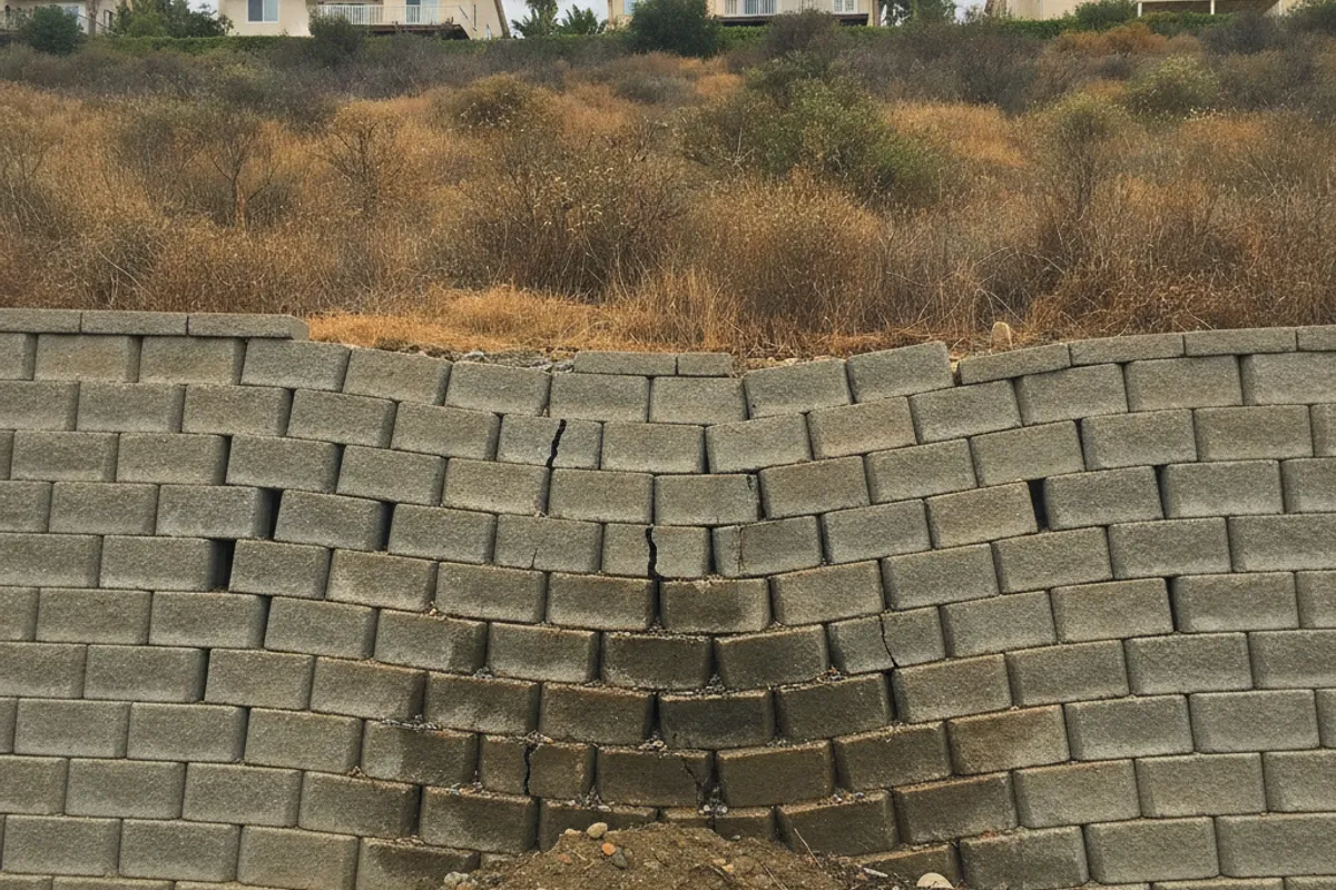 A leaning concrete block retaining wall on a San Diego hillside lot showing visible cracks and outward bowing