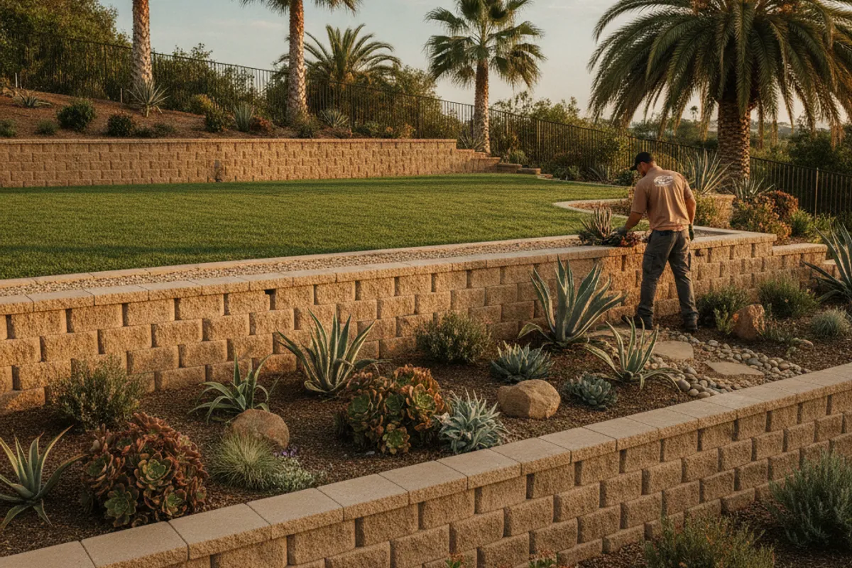 A terraced hillside backyard in San Diego with multiple levels of flat lawn and planting areas separated by block retaining walls