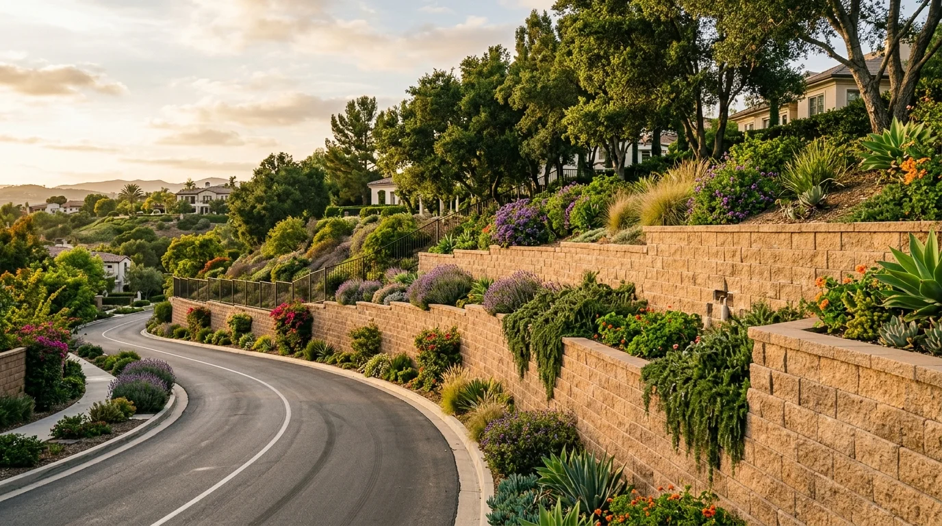 Landscaped retaining wall along a private road in a gated community