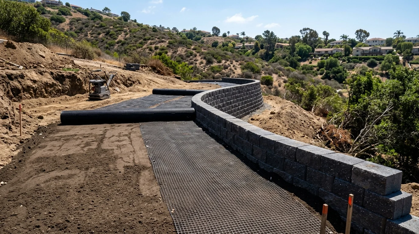 Geogrid laid over compacted backfill behind a segmental wall