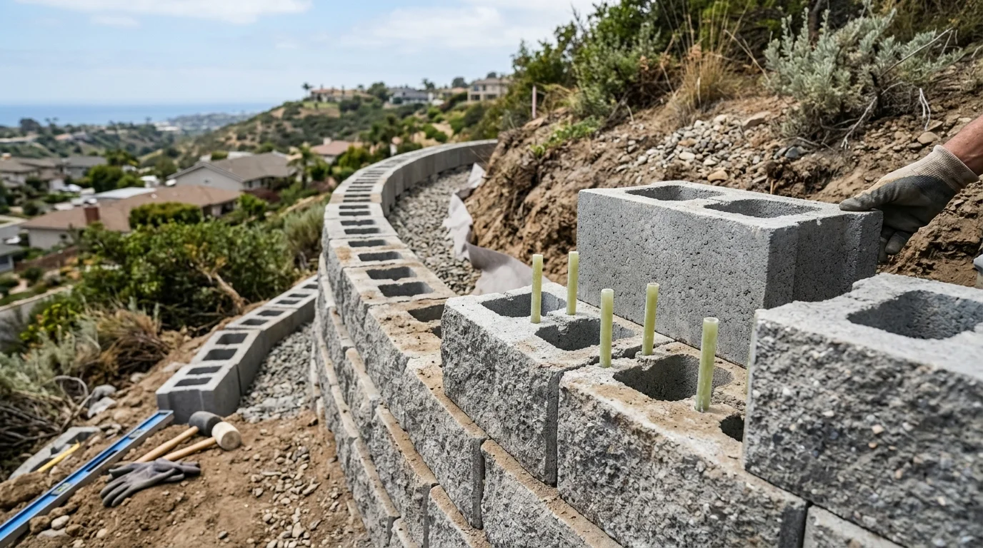 Pinned concrete retaining wall blocks part way through installation