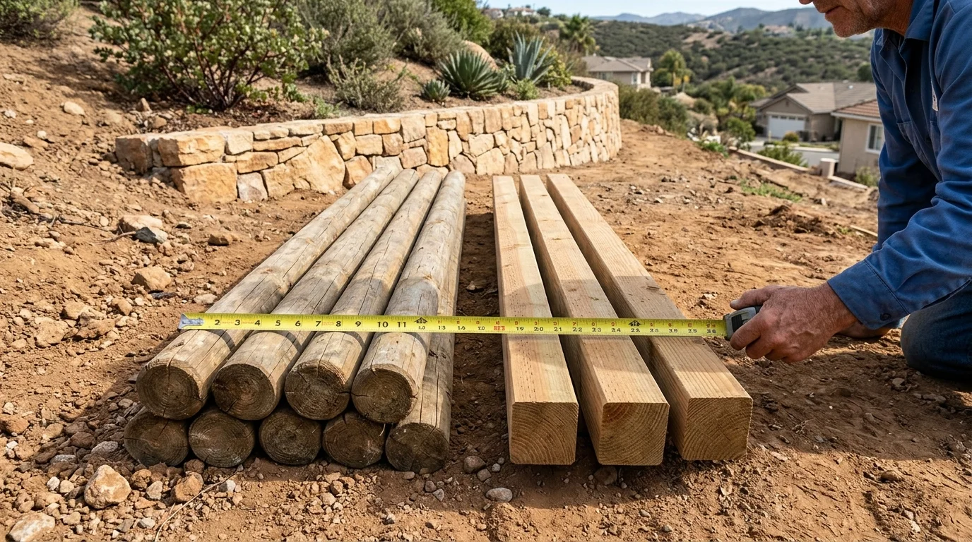 Rounded landscape timbers laid beside squared 4x4 lumber