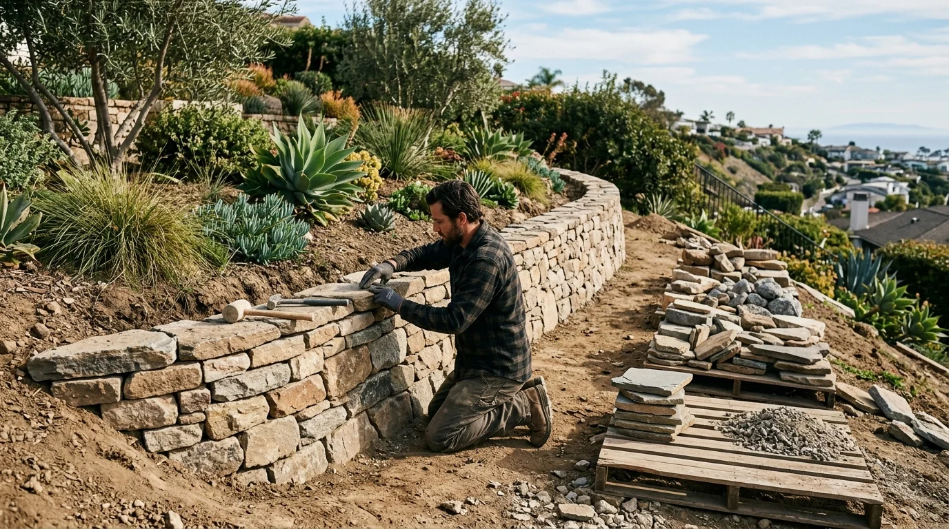 Craftsman fitting stone into a dry-stacked natural stone wall