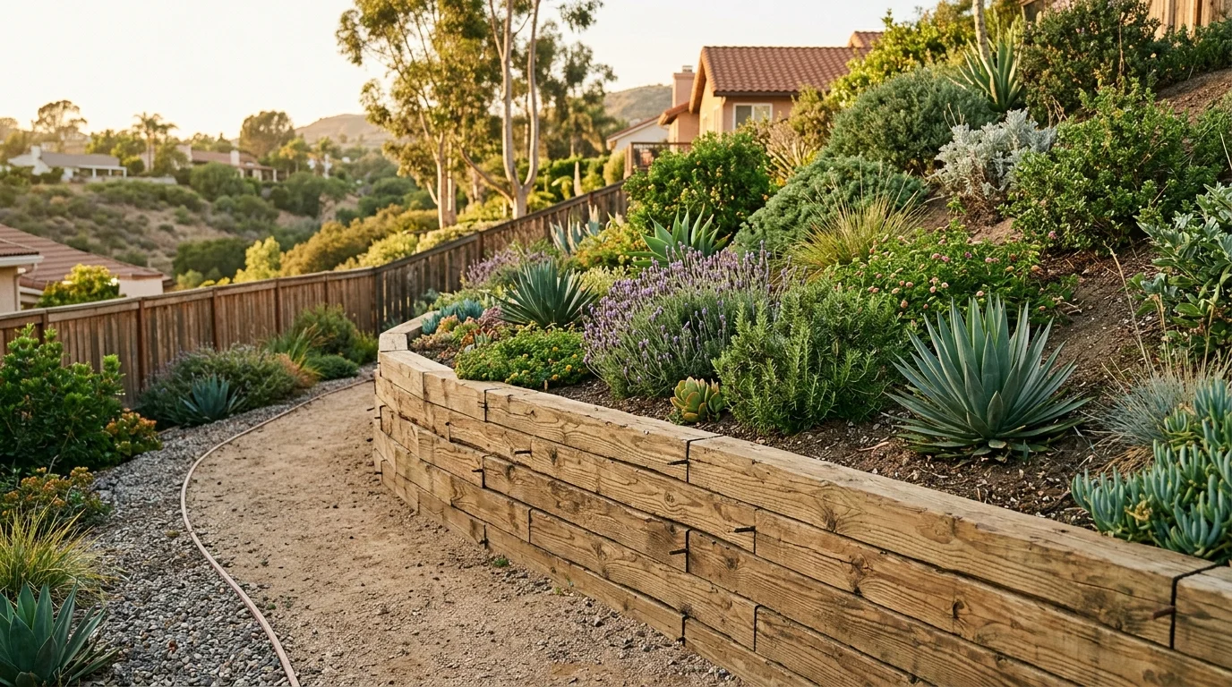 Low landscape timber retaining wall holding a planting bed