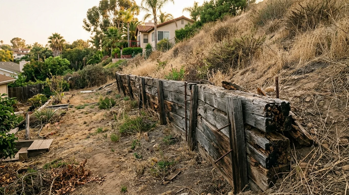 Failing railroad-tie retaining wall on a dry San Diego hillside, ties bowed and rotting at the cut ends