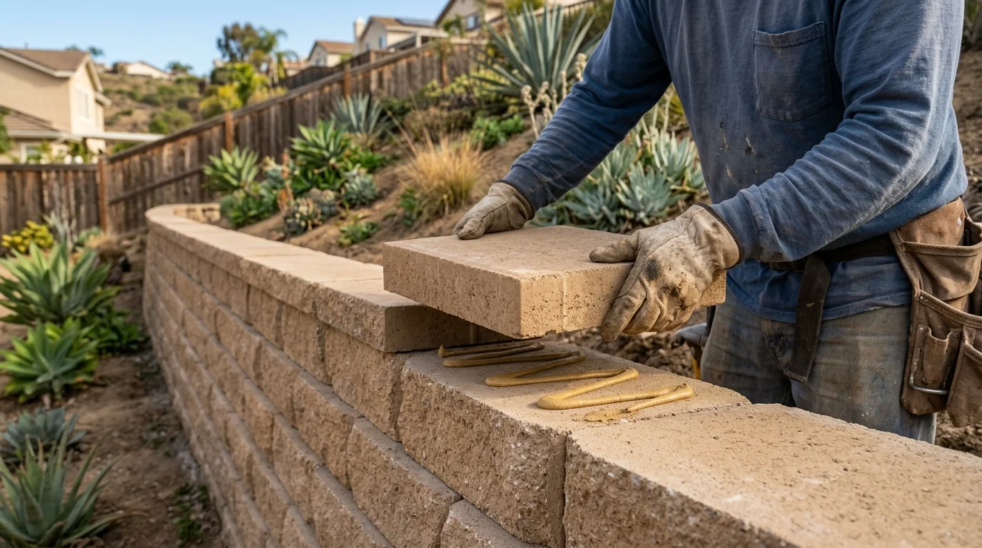 Mason setting a concrete cap unit on a segmental retaining wall