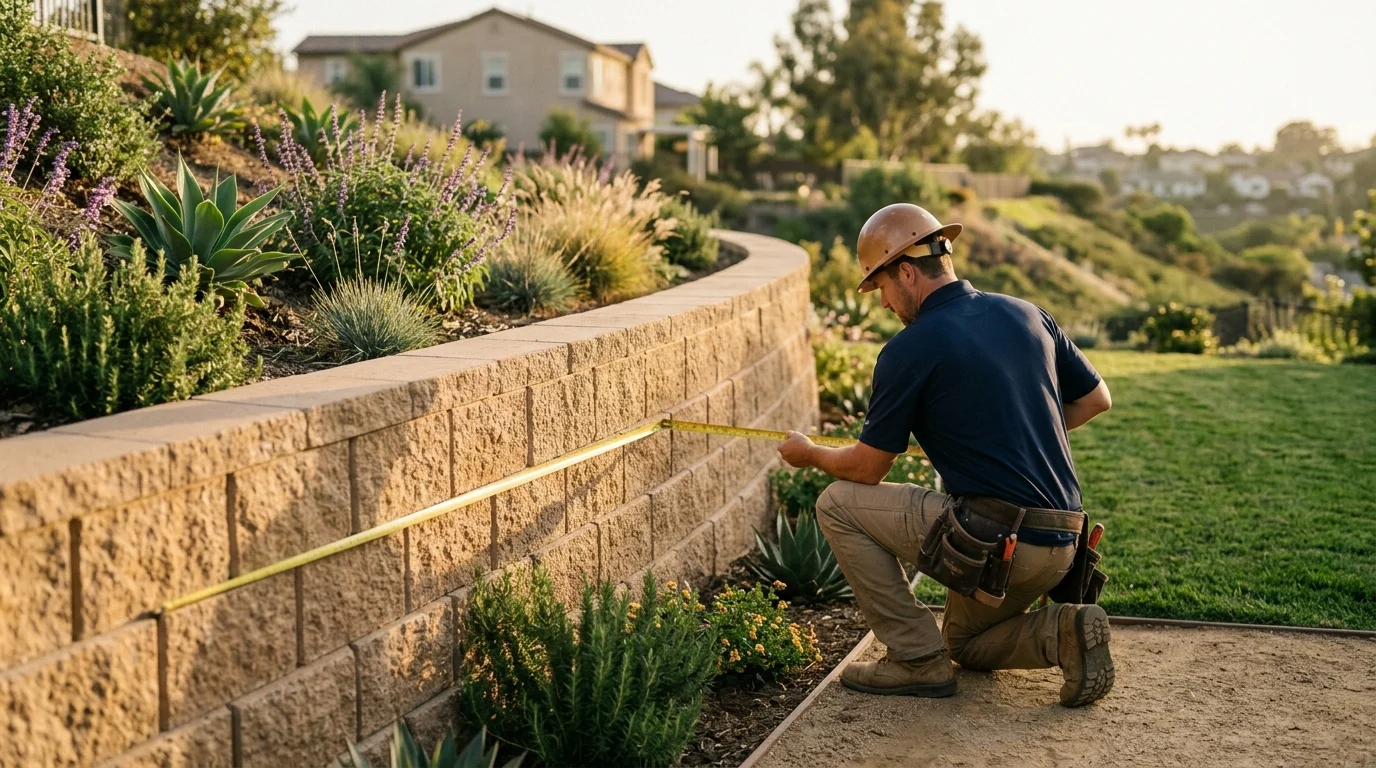 Contractor measuring the exposed face of a finished retaining wall
