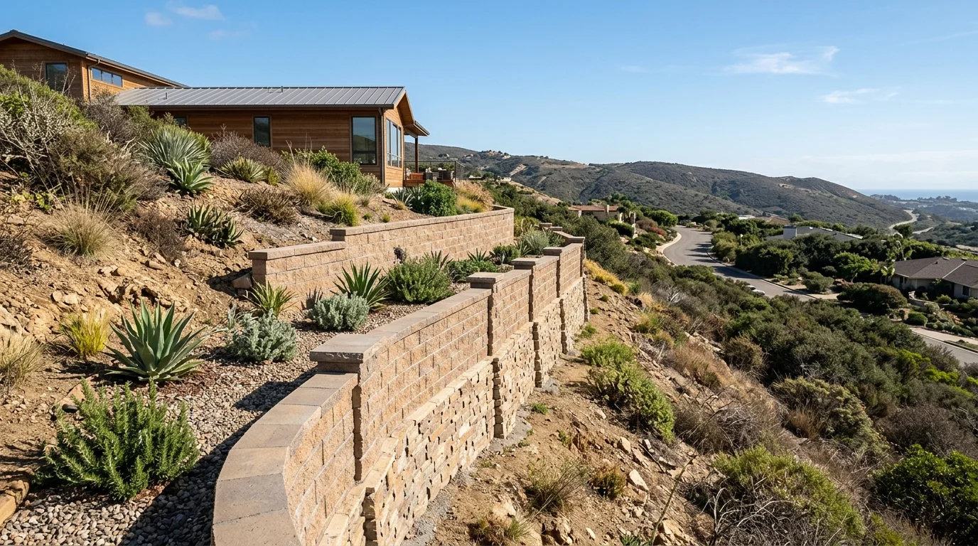 Engineered retaining wall plans and a soils report on a table