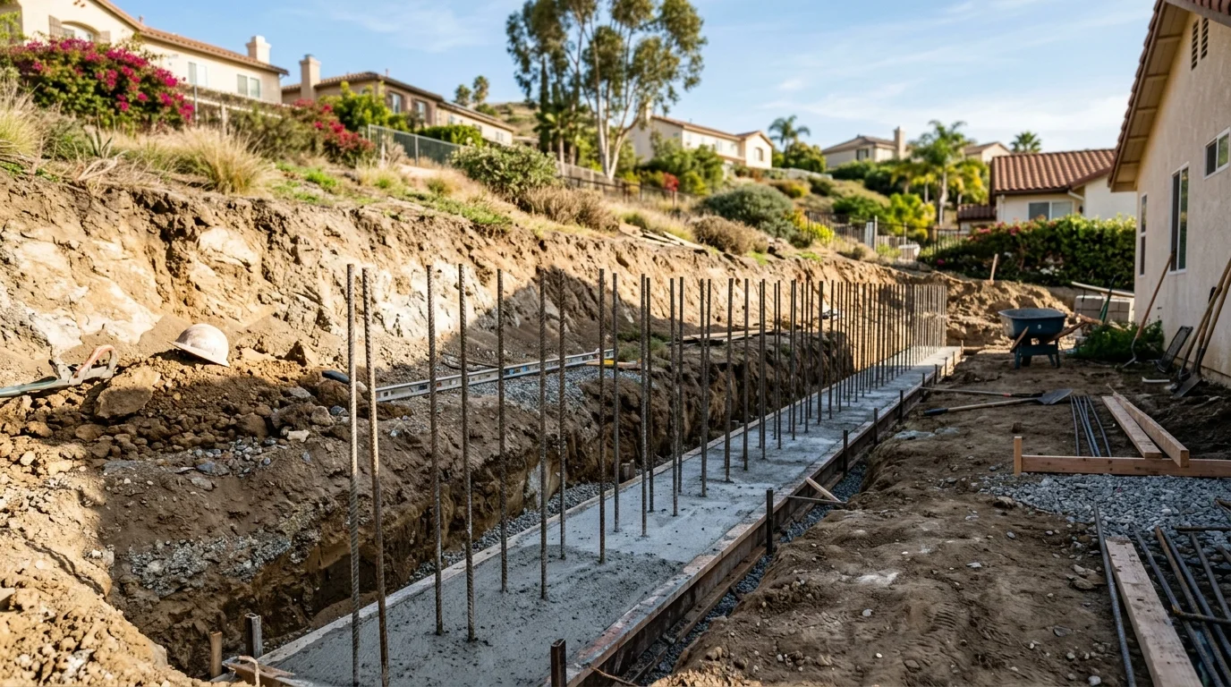 Formed concrete footing with rebar dowels ready for a block wall