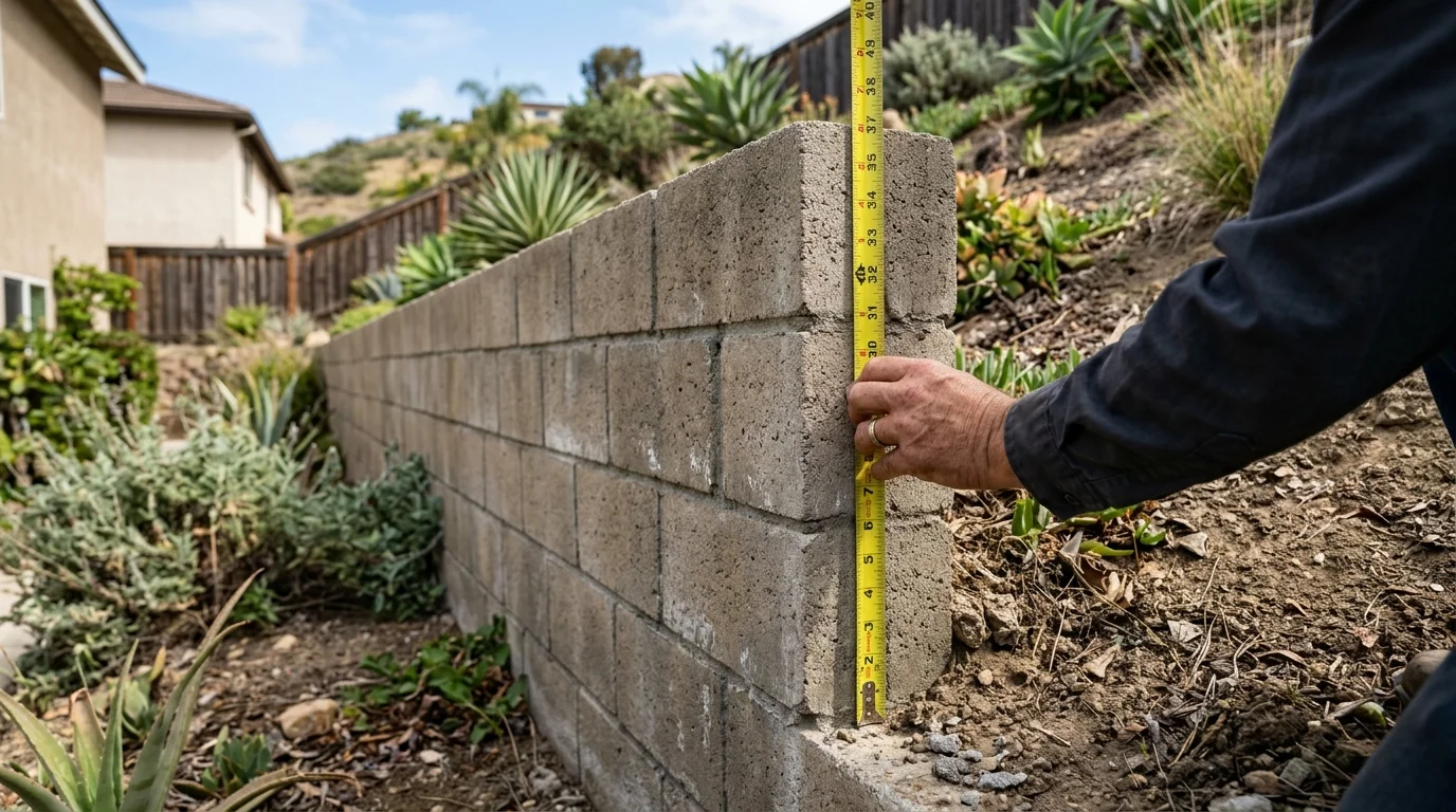 Tape measure against a retaining wall from footing to top course