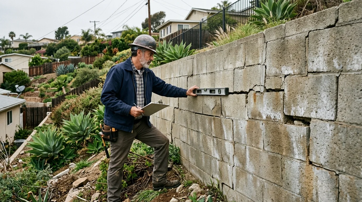 Inspector examining cracking on the face of an older block retaining wall