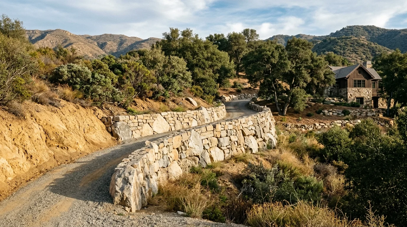 Long retaining wall along a rural driveway cut into a granite hillside