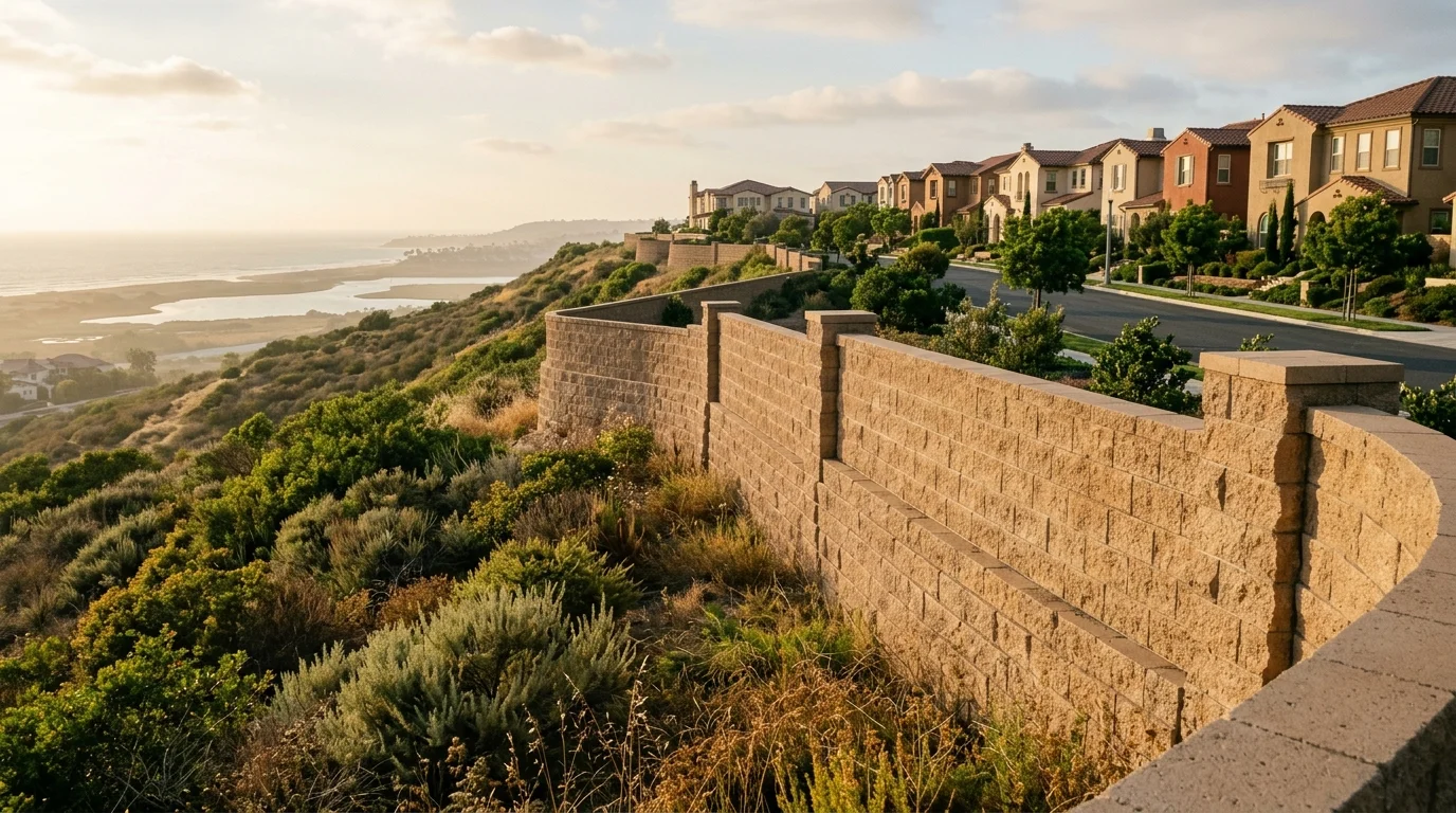 Tan segmental retaining wall on a Carlsbad hillside with lagoon haze below