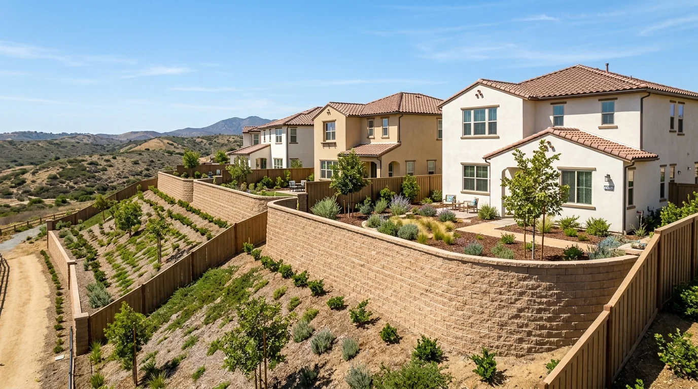 Segmental retaining walls behind master-planned tract homes