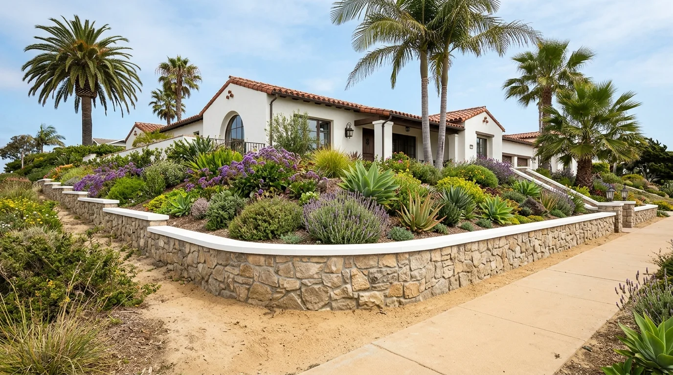 Low decorative garden retaining wall in front of a coastal home