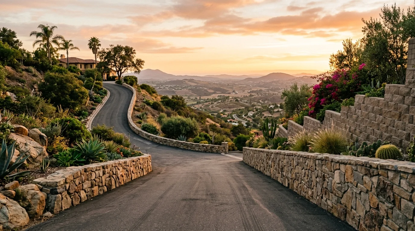 Steep hillside driveway flanked by stone and block retaining walls