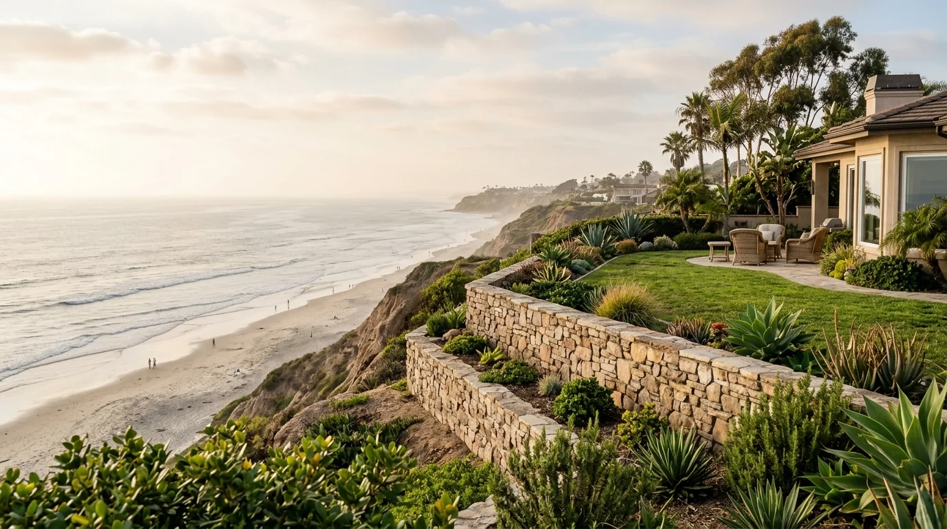Residential yard and low retaining wall set back from a coastal bluff