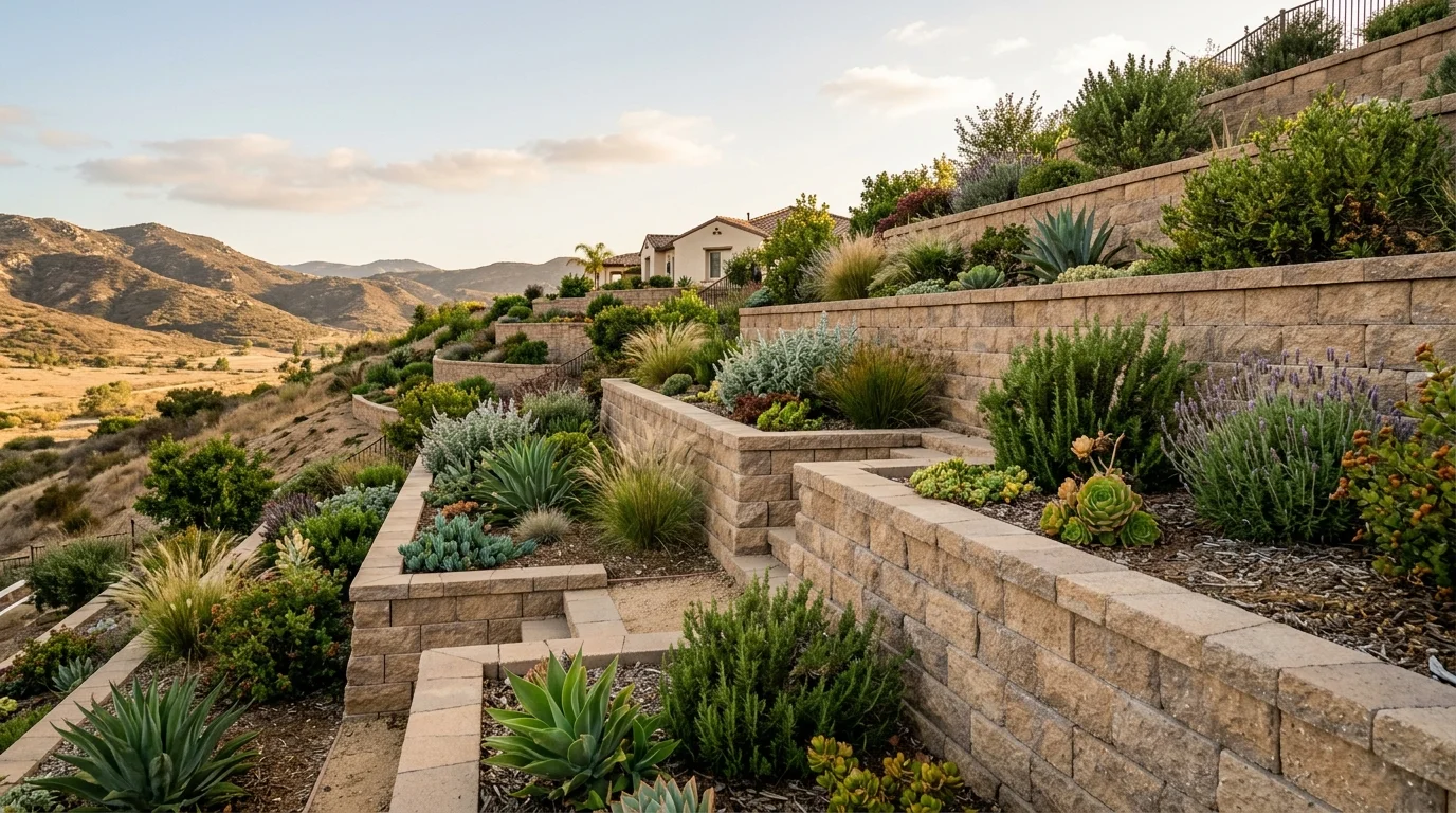 Terraced block retaining walls on a dry inland hillside yard