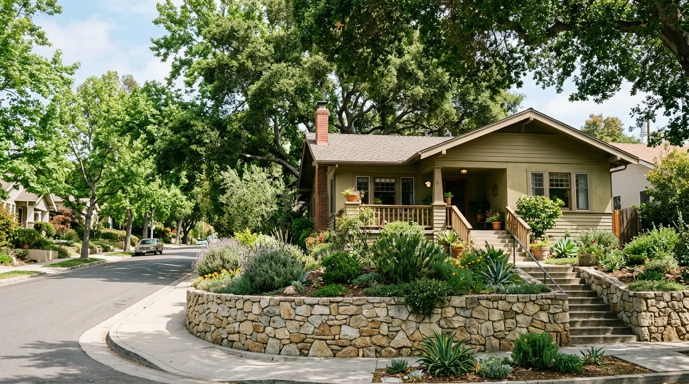 Low stone-faced retaining wall in front of an older bungalow