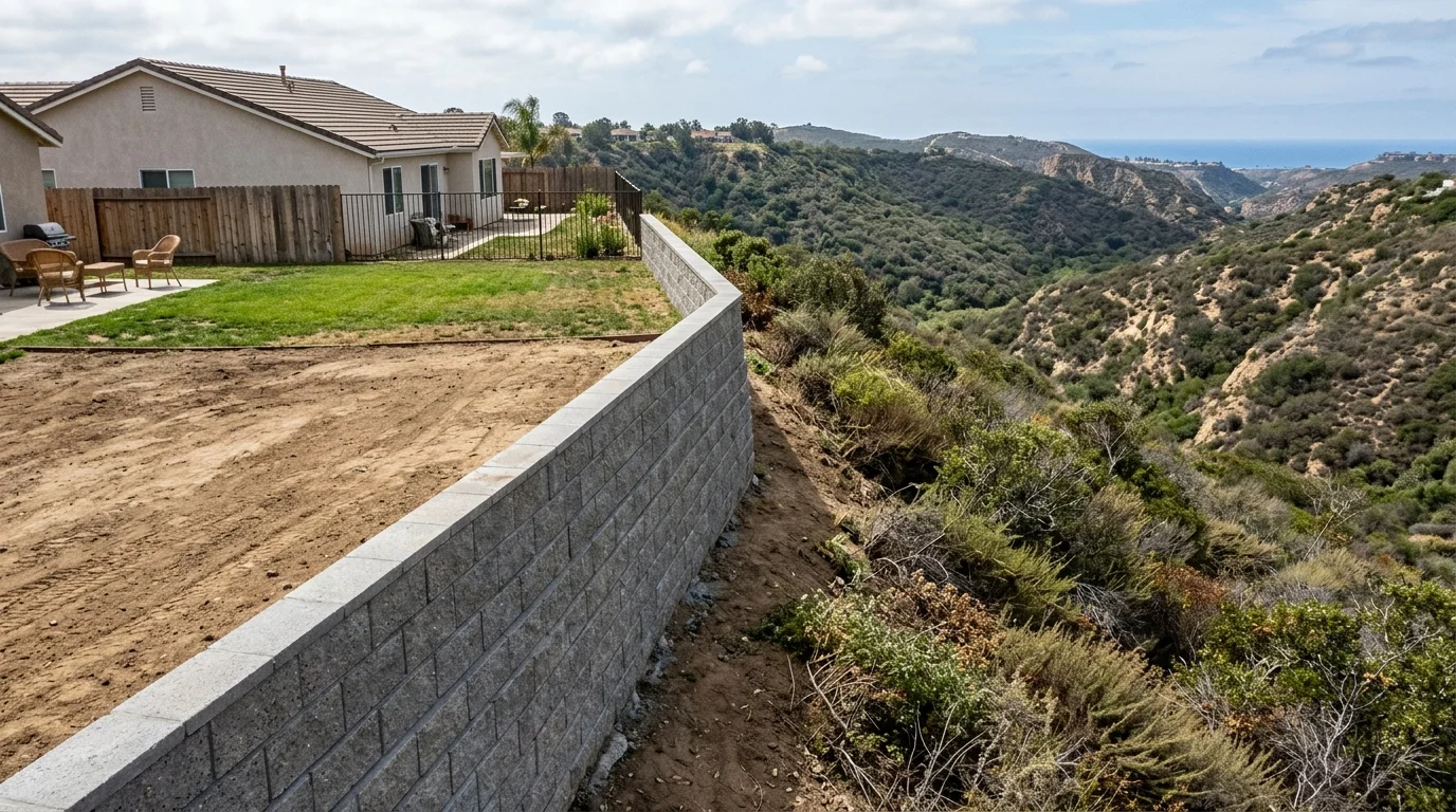 Block retaining wall at the edge of a graded canyon-rim backyard