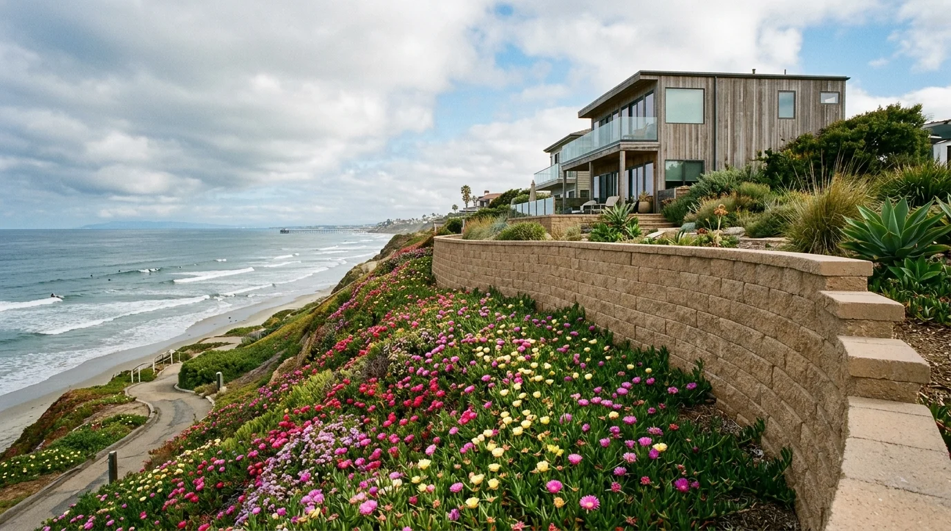 Segmental block retaining wall behind a home on a coastal slope