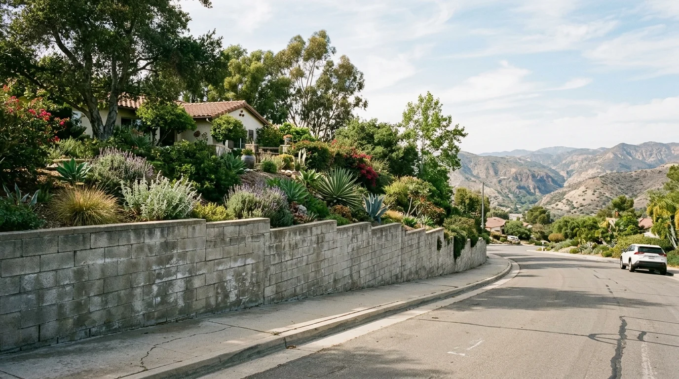 Older block retaining wall along a sloped residential street