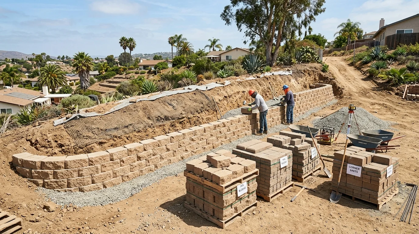Pallets of segmental retaining wall block beside a partly built wall