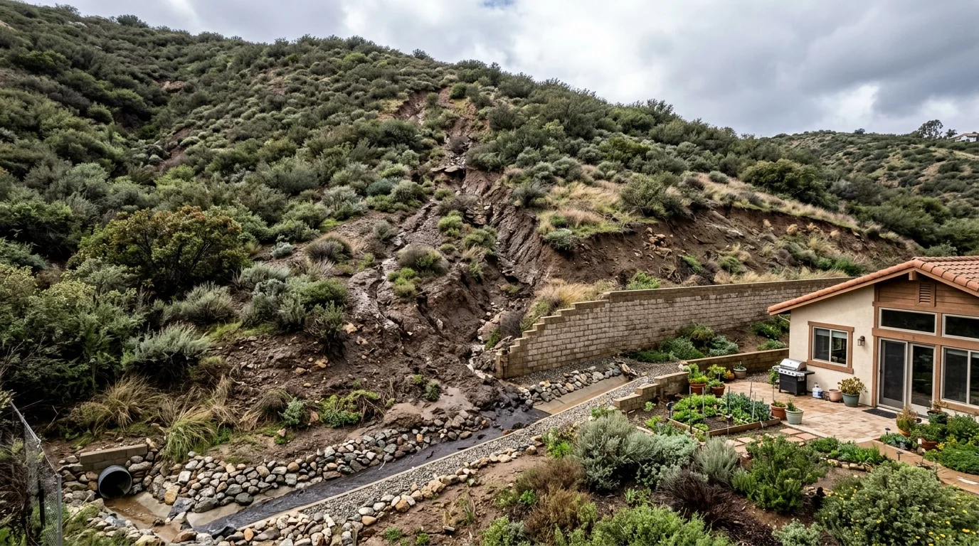 Steep hillside above a home showing erosion and a drainage swale