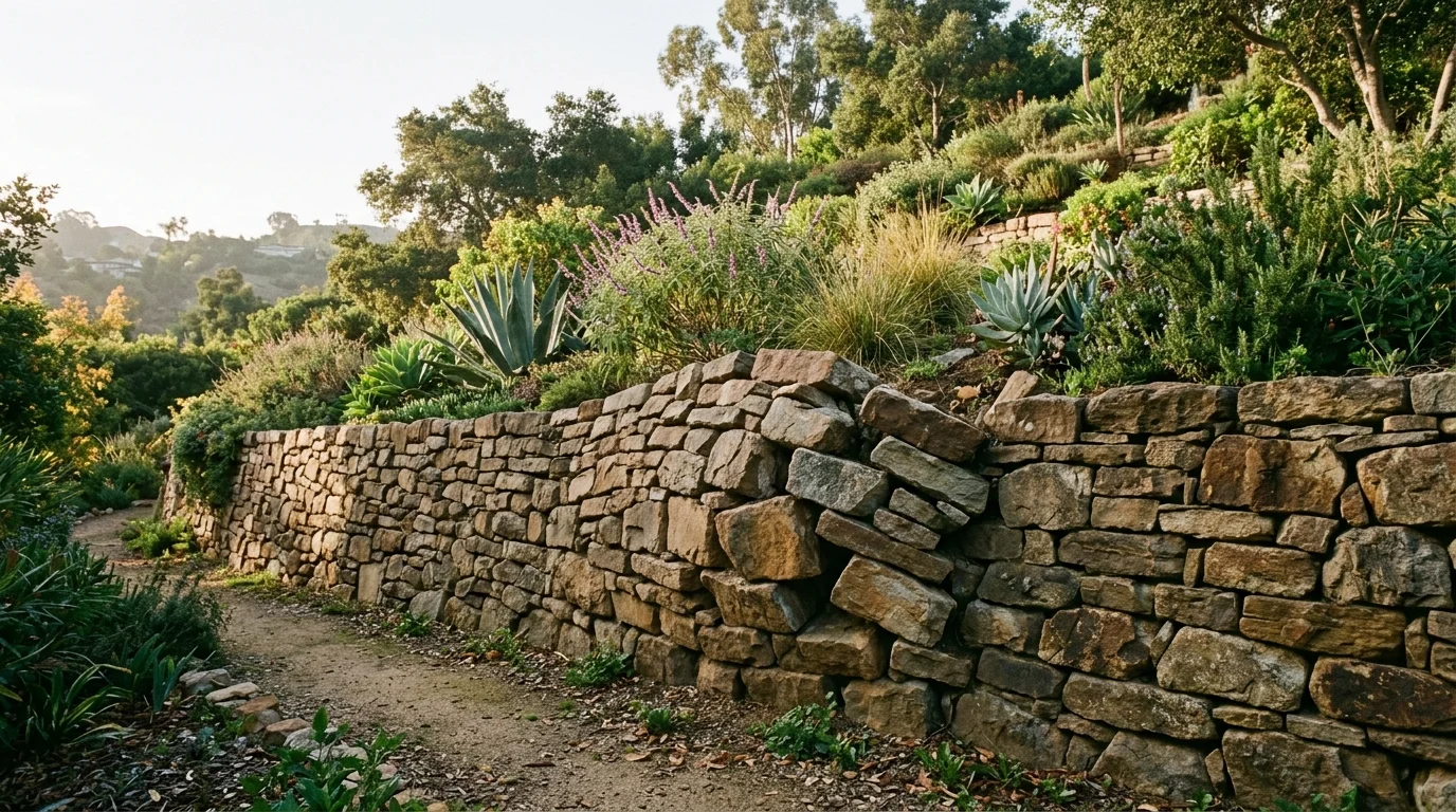 Older natural stone retaining wall with displaced stones and a bulge