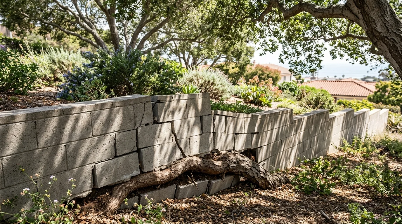 Block retaining wall cracked and lifted by a large tree root