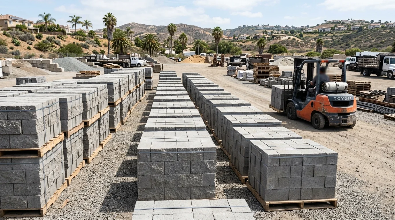 Pallets of retaining wall block stacked in a masonry supply yard
